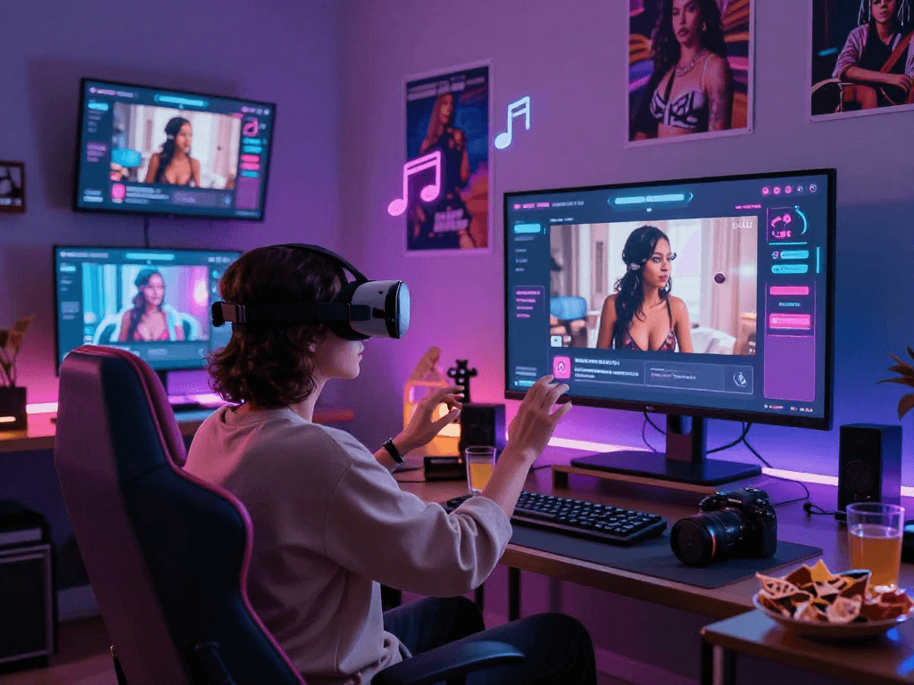 Engaging scene of a user with VR headset exploring ai chat porn platform in a vibrant, neon-lit home environment.