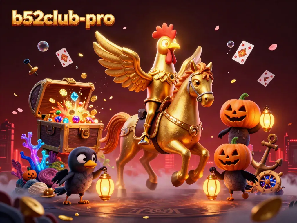 Experience thrilling wins at b52club-pro with a majestic golden rooster in this captivating casino illustration.