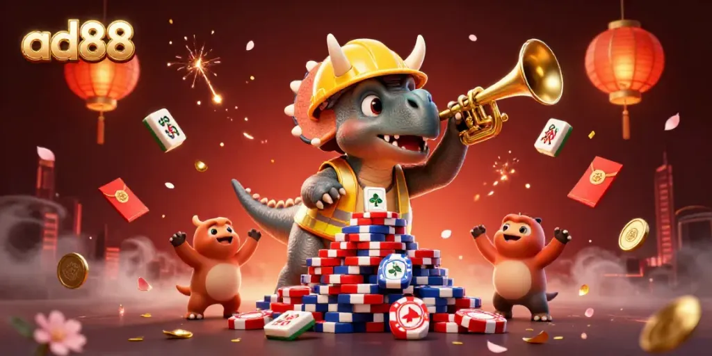 Experience thrilling poker chip battles in ad88 with a triceratops and parasaurolophus!