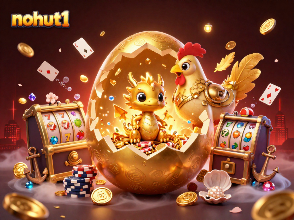 Experience the excitement of nohut1 as a golden dragon emerges from an egg on poker chips.
