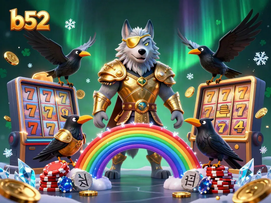 Experience b52 gaming magic with Odin and mystical ravens standing on a casino chips bridge.