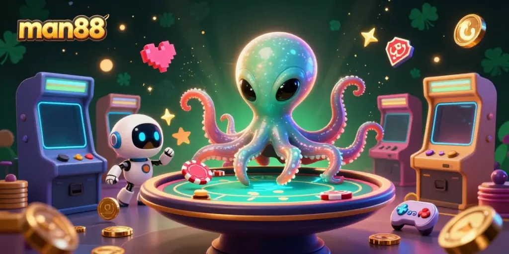 Engage with man88's thrilling poker scene featuring a cartoon alien octopus and robot in an immersive casino environment.