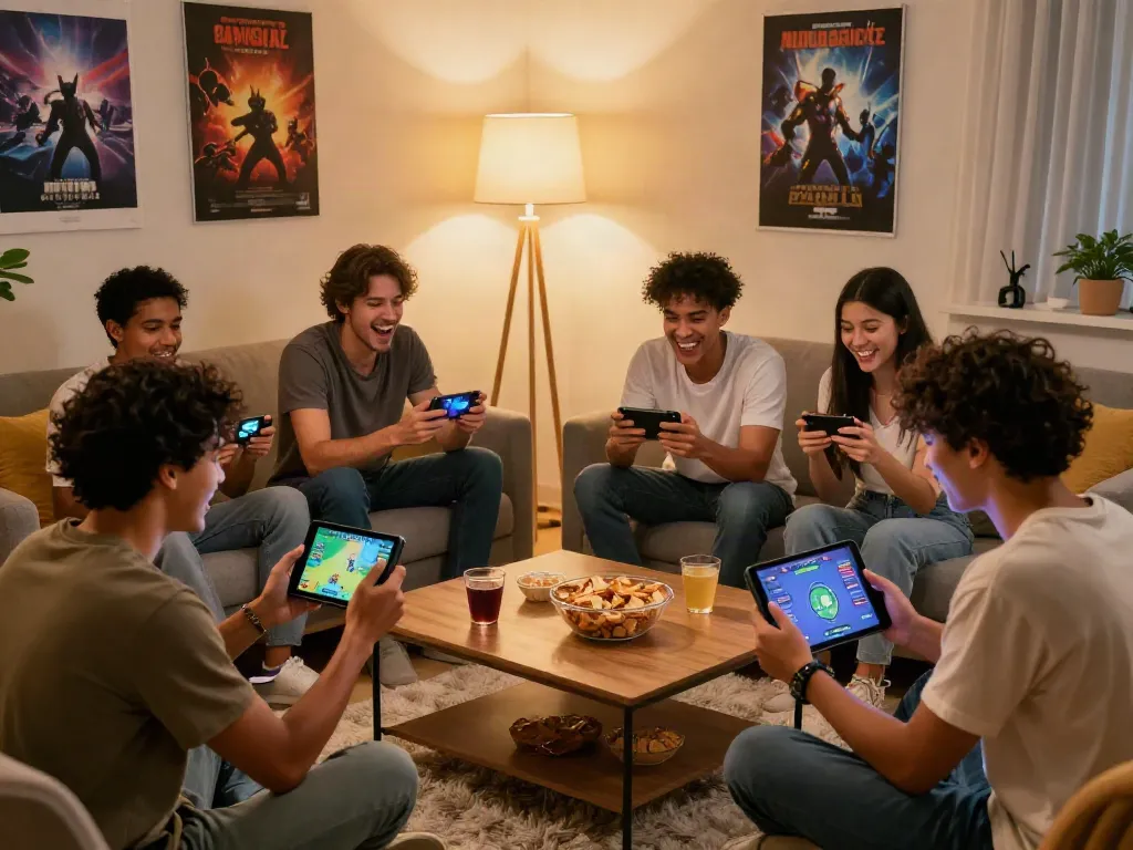 Friends enjoying garuda404 digital entertainment in a cozy living room, engaged in diverse games on devices.