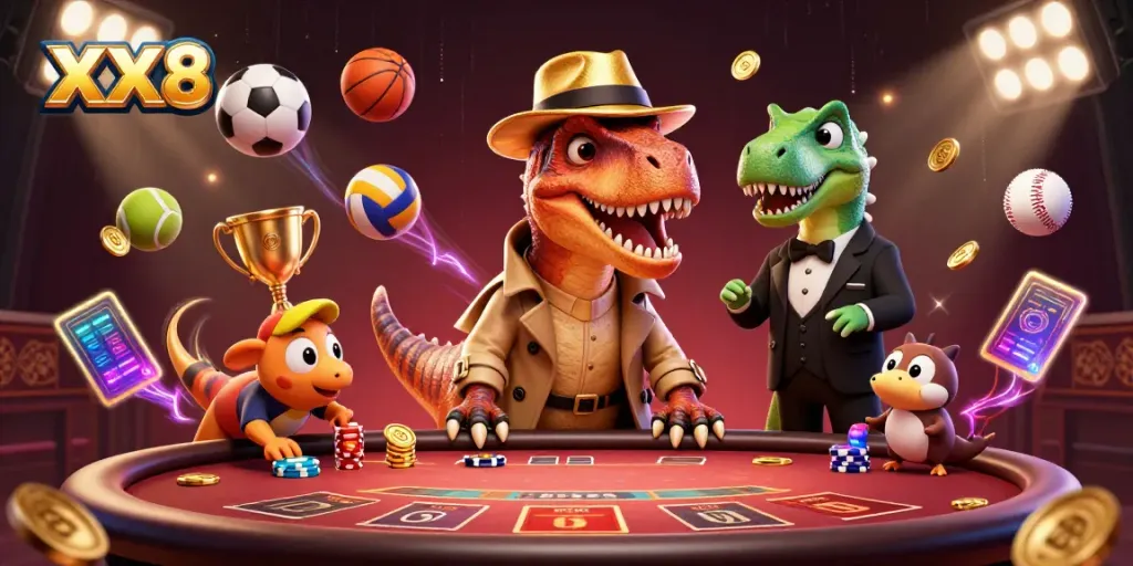 Experience the thrilling atmosphere at XX8 casino with a velociraptor card counter and vibrant sports balls.