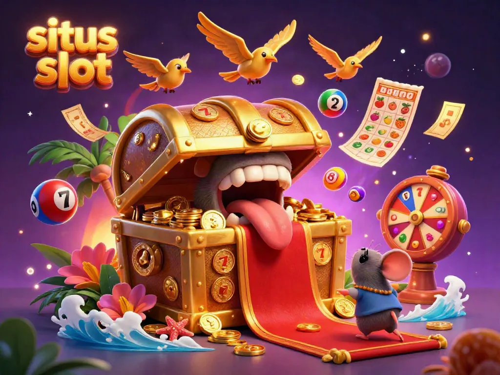 Engaging treasure chest mimic scene for situs slot, showcasing dynamic slot reels and vibrant lottery balls.