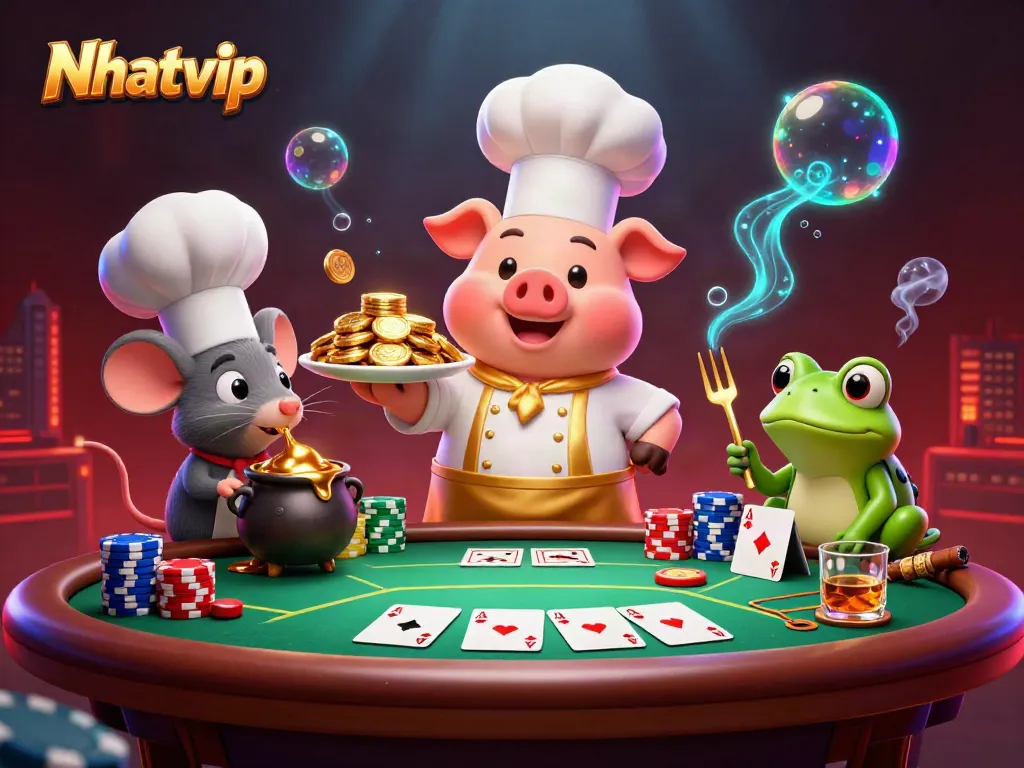 Nhatvip showcases a vibrant casino scene with a chef pig, tasting mouse, and critic frog amidst gold coins and poker elements.