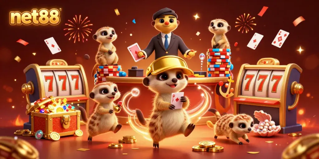 Experience the thrill of net88 at a vibrant casino run by cartoon meerkats with slot reels and celebration effects.