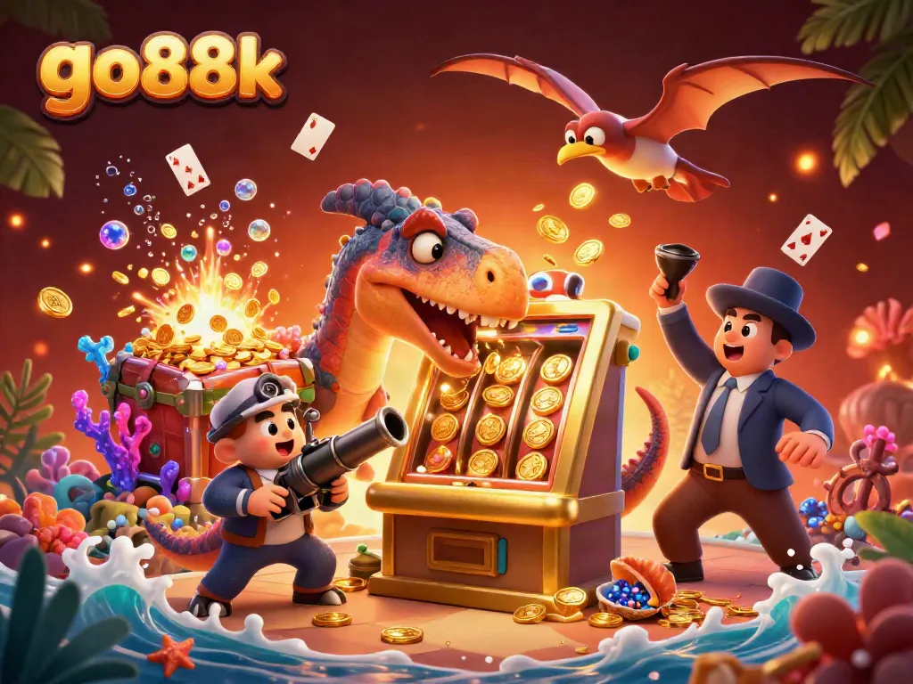 Engaging go88k scene of a pachycephalosaurus triggering jackpot wins at a slot machine while casino elements burst around.