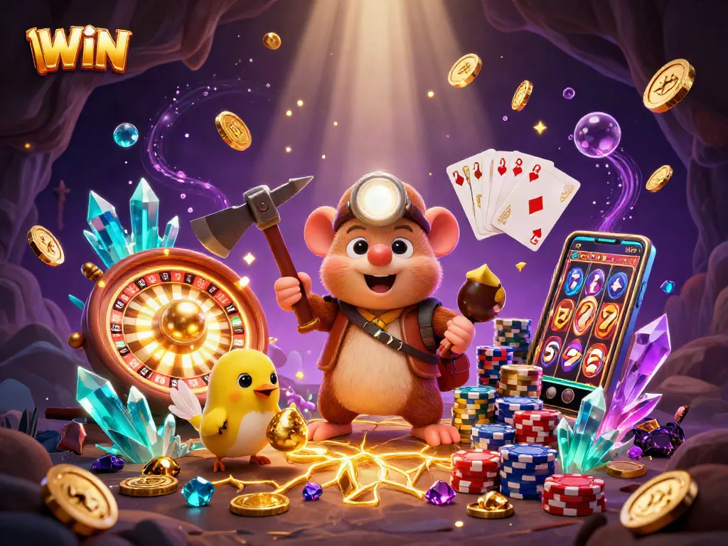 IWIN: Treasure hunter mole and canary amidst golden coins and Casino elements in a vibrant 3D scene.