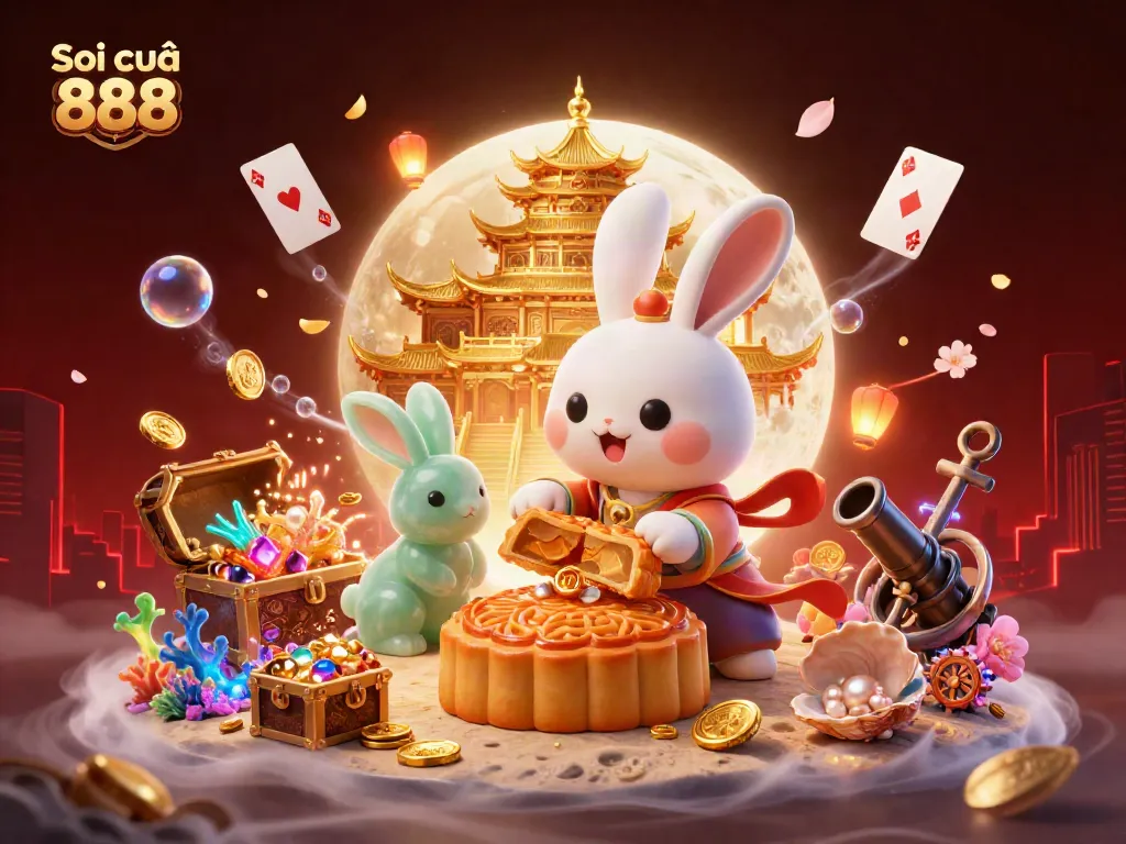 Engage with the exciting world of Soi cầu 888, featuring a moon rabbit surrounded by gambling elements and vibrant visuals.