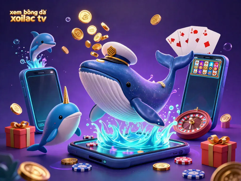 Xem bóng đá xoilac tv showcases a whale breaching in coins with playful dolphins and poker chips.