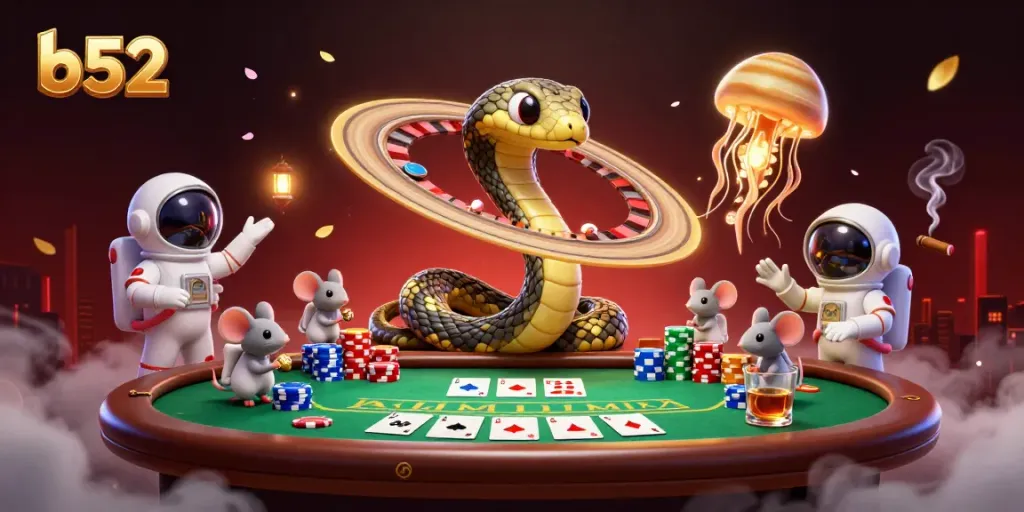 Engage in the thrilling world of b52 with astronaut mice betting on a cosmic roulette wheel while a golden jellyfish hosts the game.
