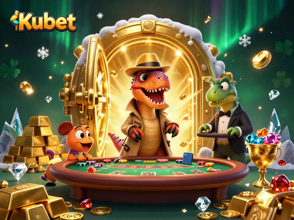 Kubet betting scene with a velociraptor at a blackjack table, casino riches surrounding them.