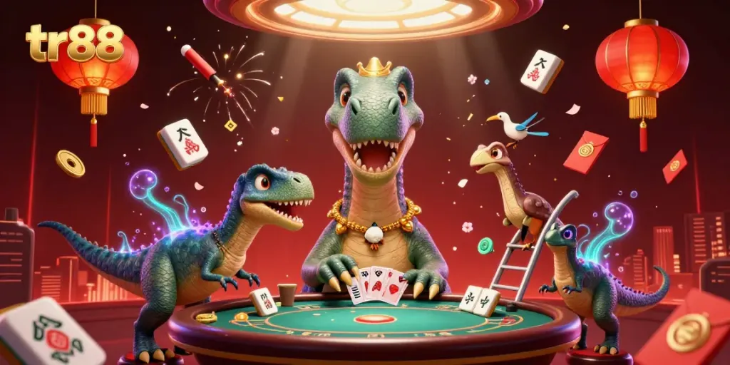 Experience the thrilling world of tr88 where a 3D cartoon brontosaurus oversees a lively poker game.