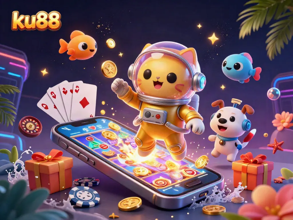 Engage with ku88 as a vibrant 3D illustration showcases a cosmic casino experience full of excitement.
