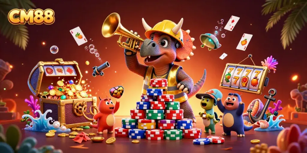 CM88 slots animated scene with triceratops stacking poker chips, celebrating dinosaurs, and treasure elements.