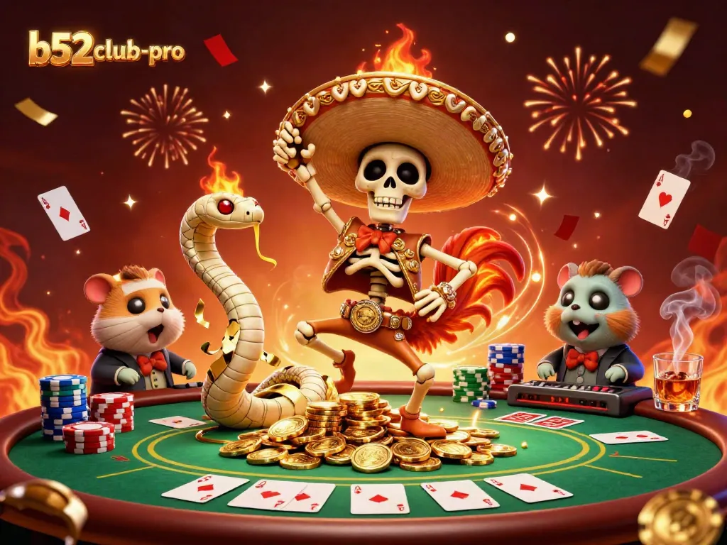 Celebrate winning hands at b52club-pro with a vibrant casino dance scene featuring animated characters.