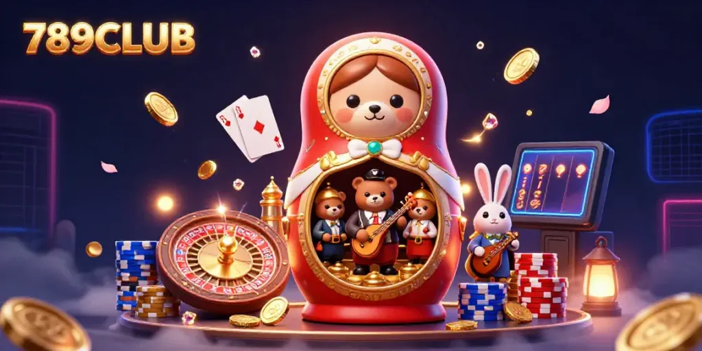 Experience 789CLUB action with a cartoon bear and casino elements in a vibrant 3D illustration.