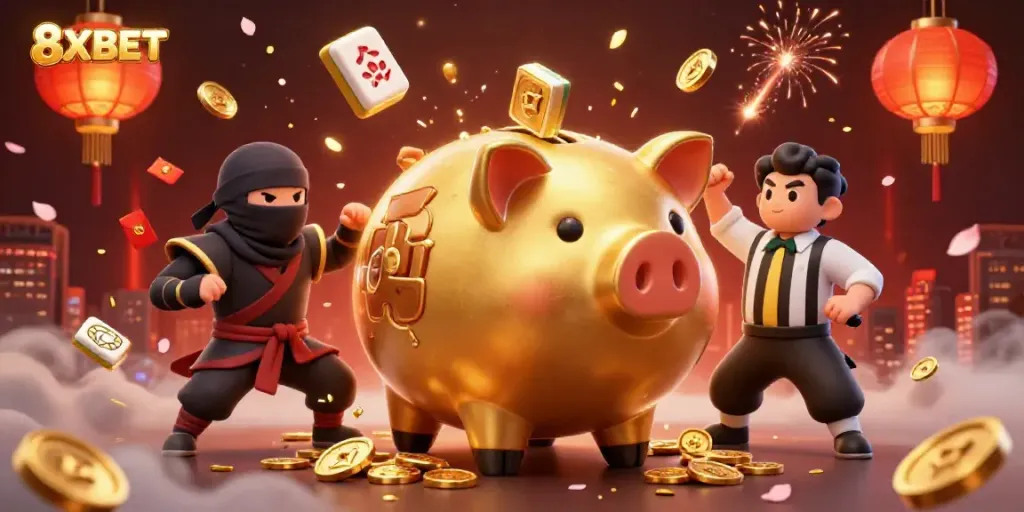 Engage with 8XBET's vibrant casino atmosphere illustrated by a dynamic scene of a golden piggy bank sumo wrestler and companions surrounded by festive game elements.