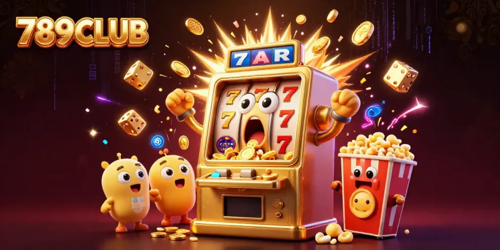 Experience the thrill of 789CLUB with dynamic casino action featuring golden slot machines and festive elements.