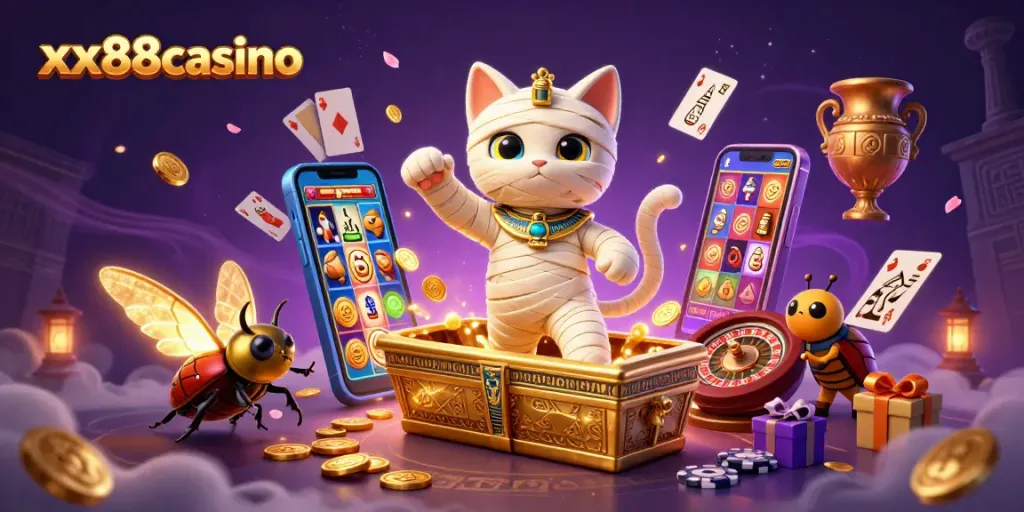 Spin to win with xx88casino's vibrant 3D casino illustration featuring a mummy cat and gaming elements.