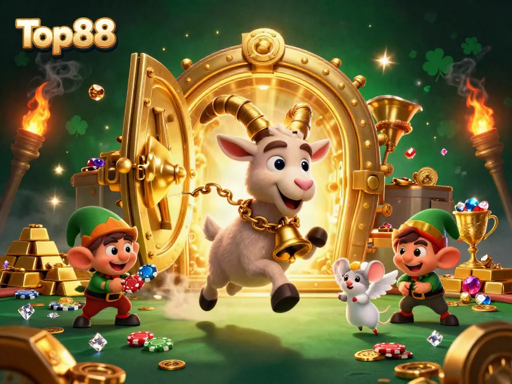 Experience the thrill of Top88 with a festive casino scene packed with vivid characters and gleaming treasures.