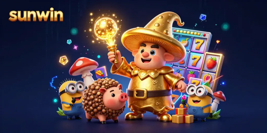Experience exciting jackpots with sunwin's vibrant golden wizard, familiar, and treasure-filled scene.