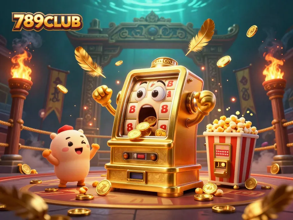 Win big at 789CLUB with a golden slot machine celebrating a jackpot amidst dynamic casino elements.
