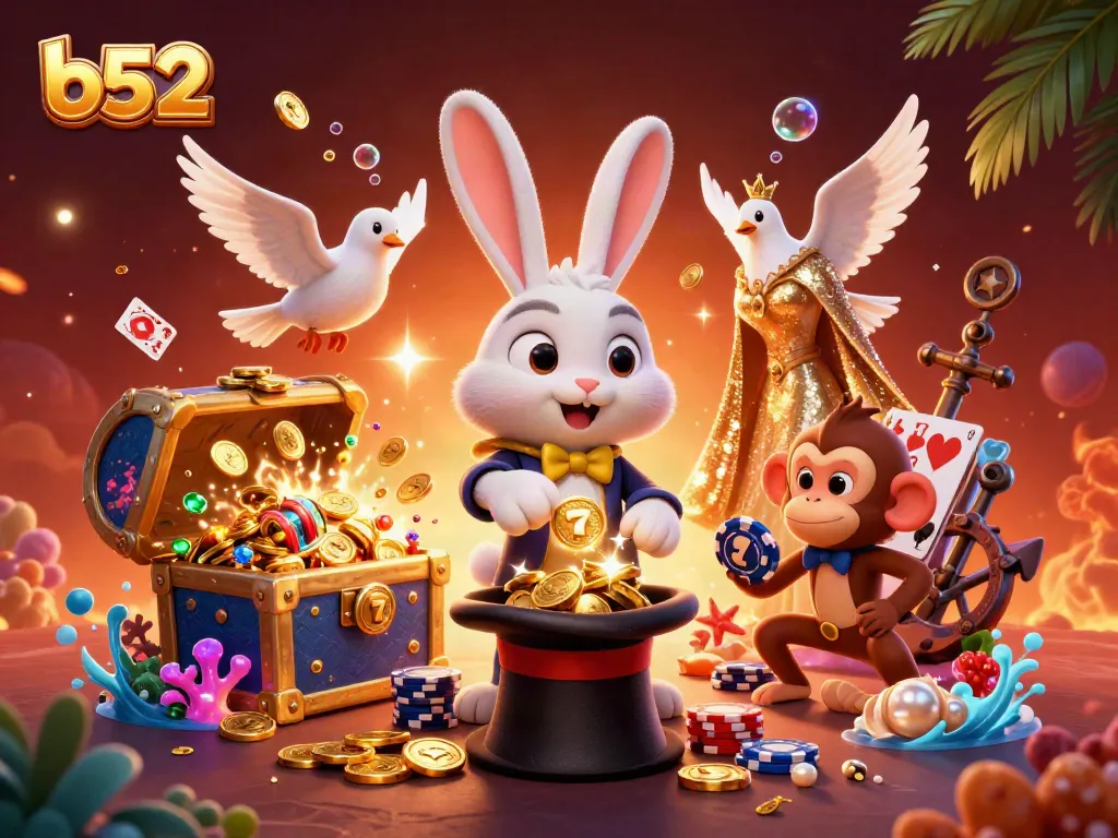 Engage with b52 magic as a rabbit conjures coins, thrilling casino fun.