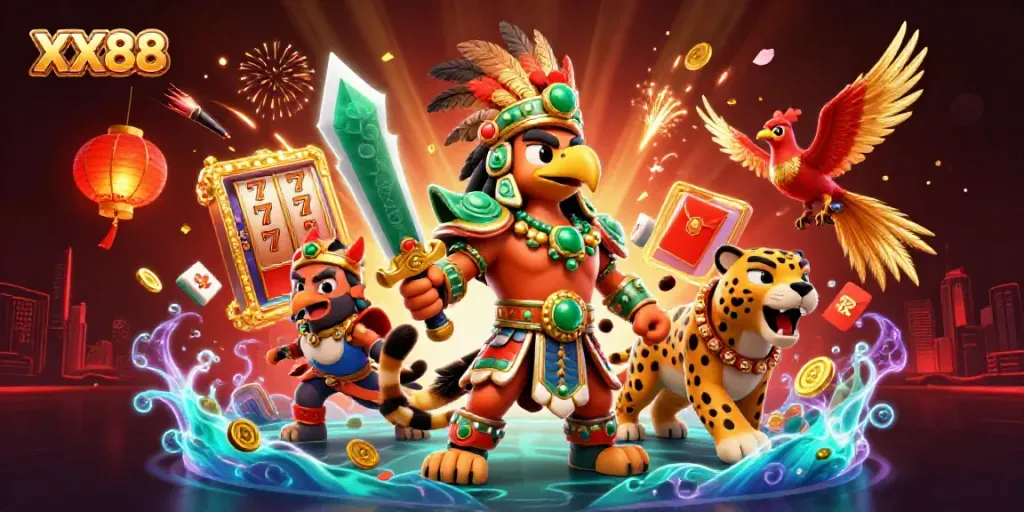 Experience thrilling gameplay at XX88 with dynamic slot elements and vibrant characters in a colorful casino scene.