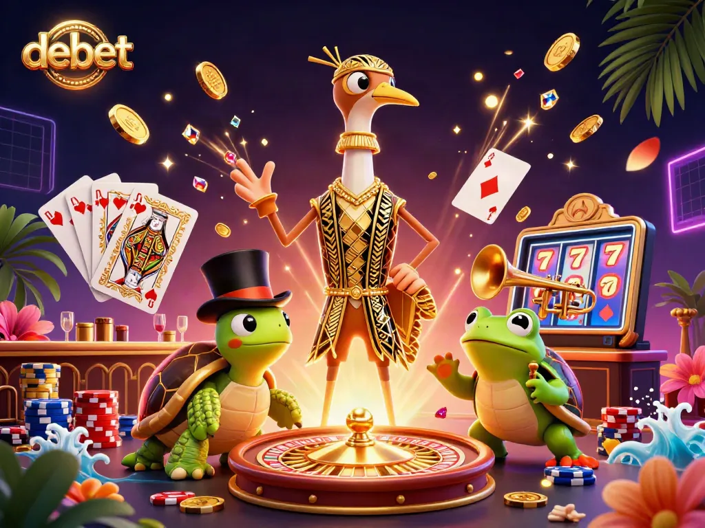 Experience thrilling gameplay at debet casino with a vibrant 3D scene of luck and excitement showcasing colorful poker chips and sparkling gems.