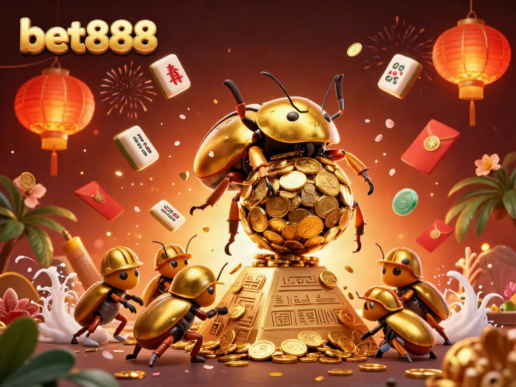 Join the fun with bet888's vibrant 3D casino adventure, featuring golden beetles and festive elements.
