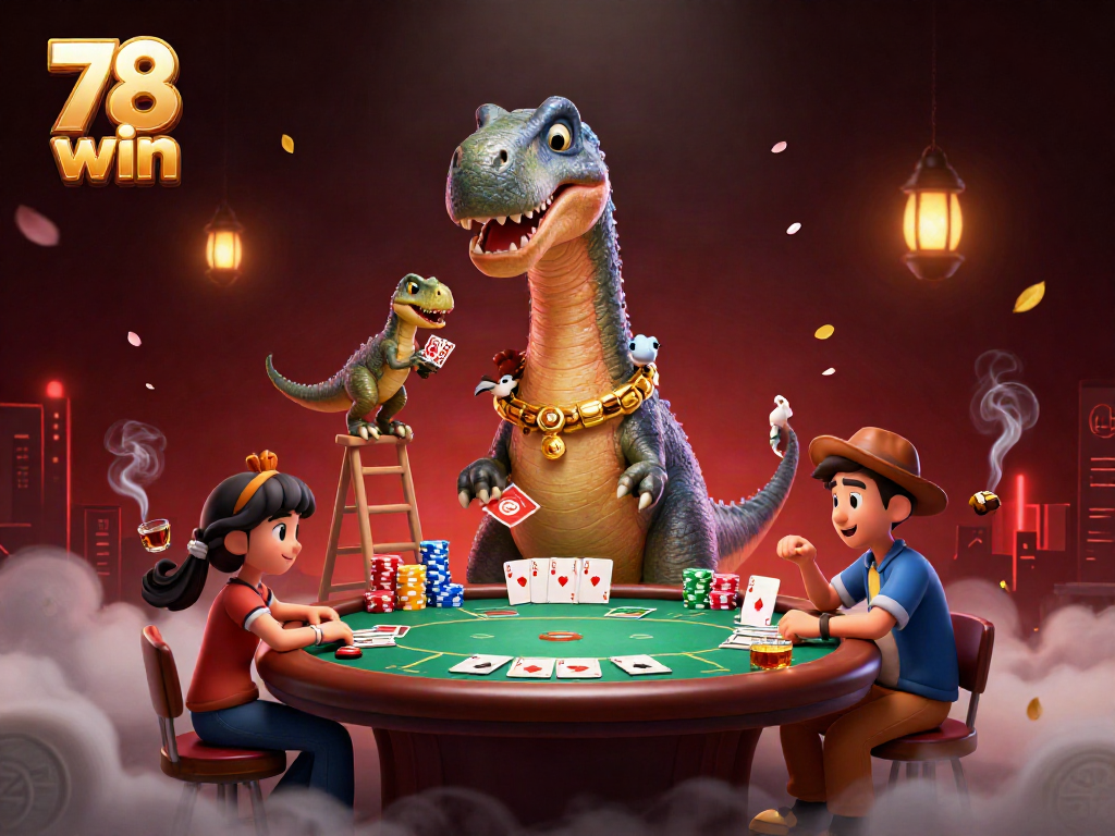 Join the excitement at 78 win with a spectacular poker showdown featuring a whimsical dinosaur scene.