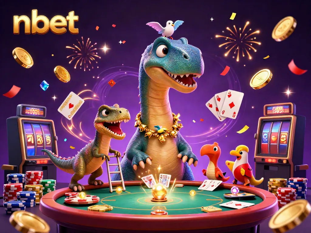 Experience the excitement of nbet with a dazzling casino scene featuring a giant brontosaurus and playful raptor.