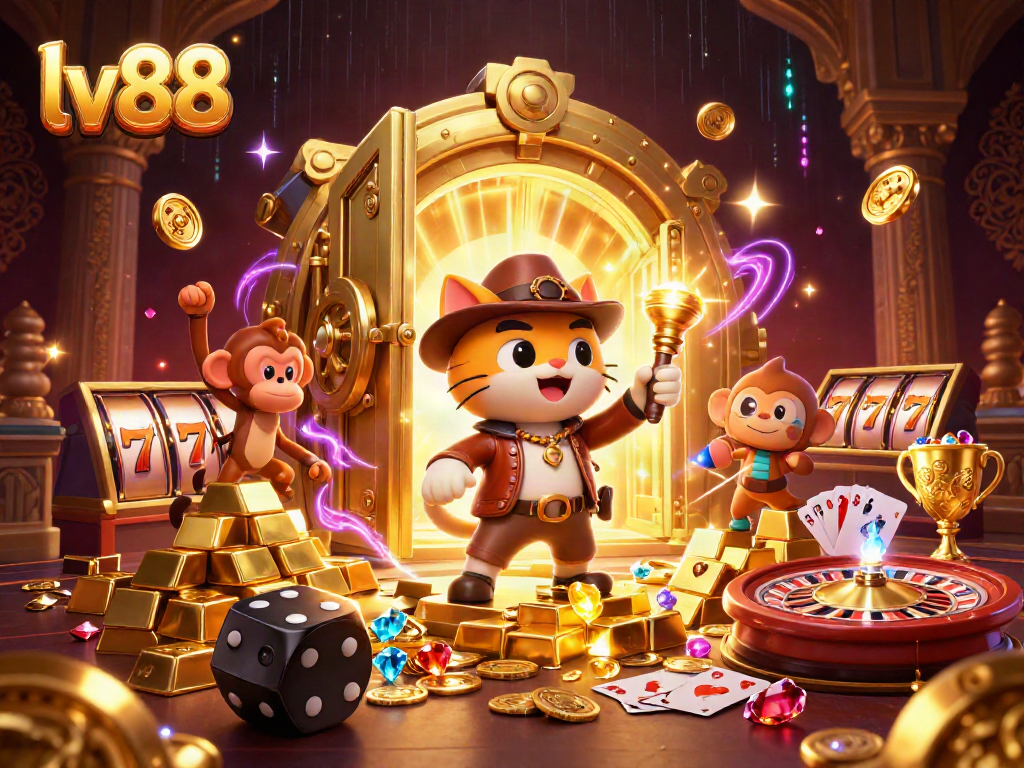 Engage with lv88 in a dynamic casino setting featuring an adventurous cat and monkey.
