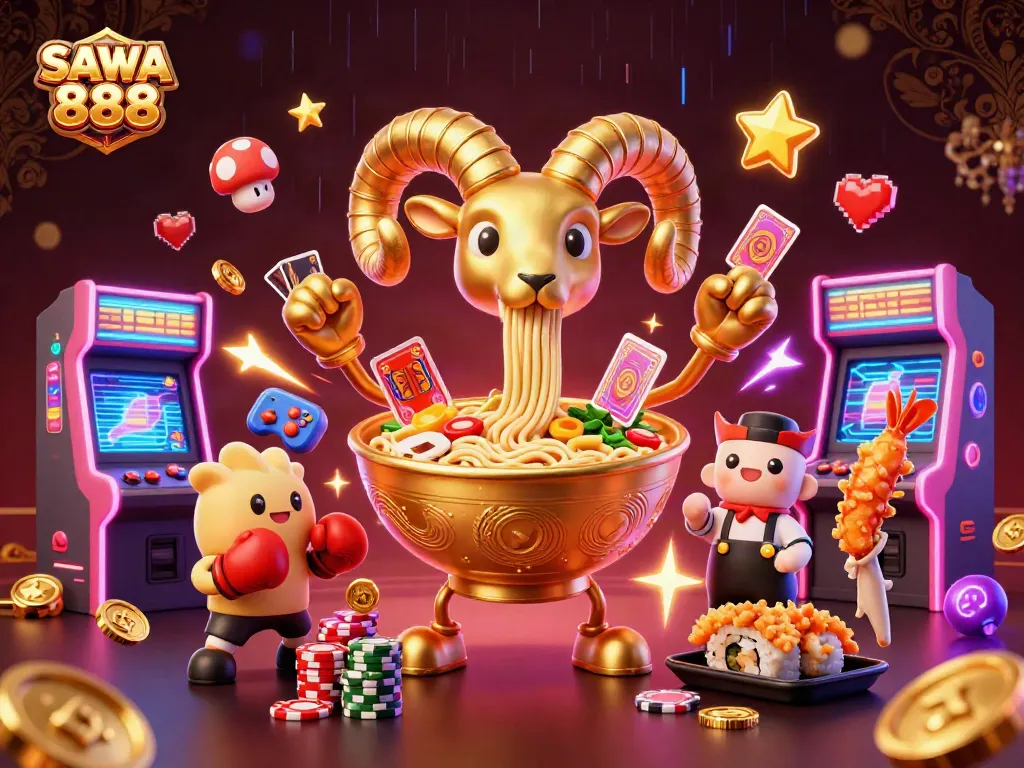 Experience thrilling gameplay with the vibrant SAWA 888 casino scene featuring playful 3D characters.