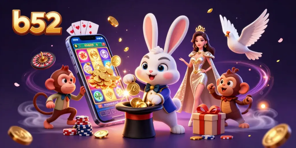 B52 themed illustration showing a magician rabbit, dove, and monkey surrounded by casino elements, demonstrating an engaging gaming experience.