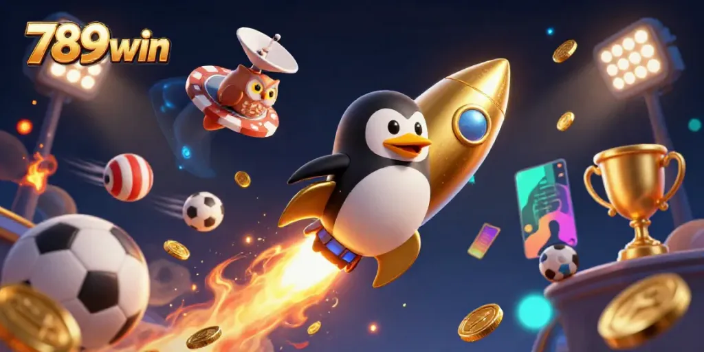 Experience thrilling gameplay with the 789win casino, featuring a golden penguin and dynamic sports elements.