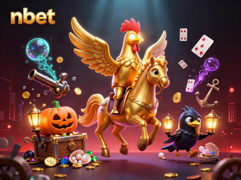 Experience nbet's vibrant casino world with golden rooster and magical horse under glowing lights.