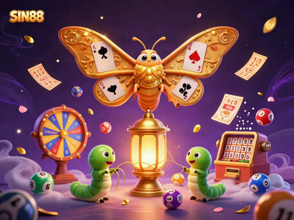 Engage in winning strategies with SIN88, featuring vibrant casino scenes and dynamic lottery elements.