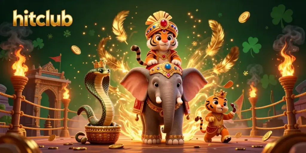 Experience hitclub's vibrant casino adventure with a maharaja tiger, jewel elephant, and a cobra in a dynamic setting.
