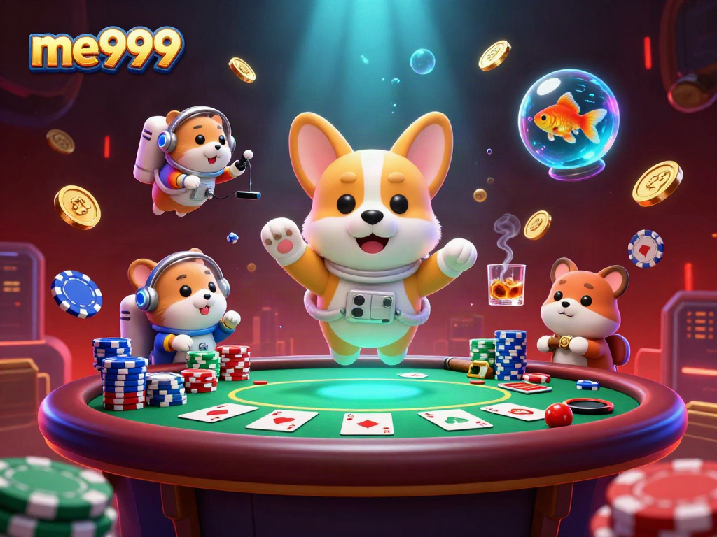 Experience me999's thrilling casino action with floating poker chips and an astronaut corgi in space.