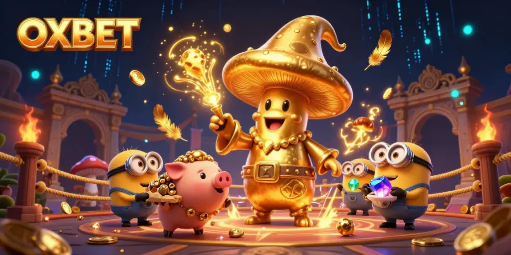 Experience the magic of OXBET with engaging casino characters and gaming elements in a rich illustration.
