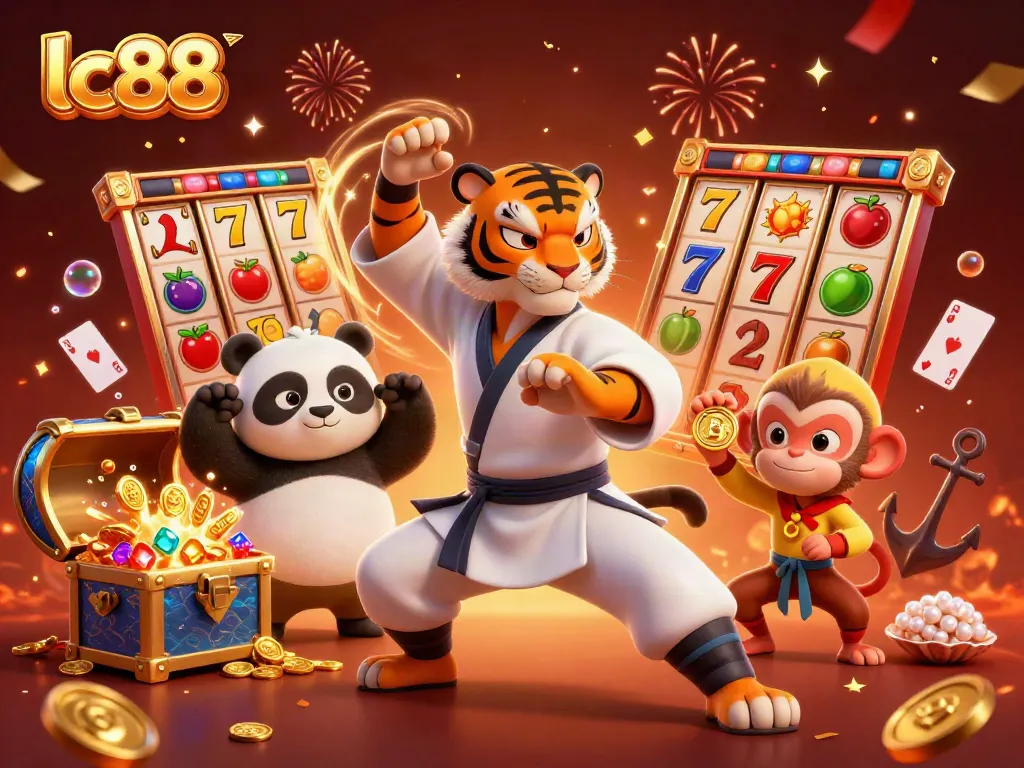 Experience the excitement of lc88 with a vibrant illustration of a kung fu tiger master and friends amidst overflowing casino treasures.