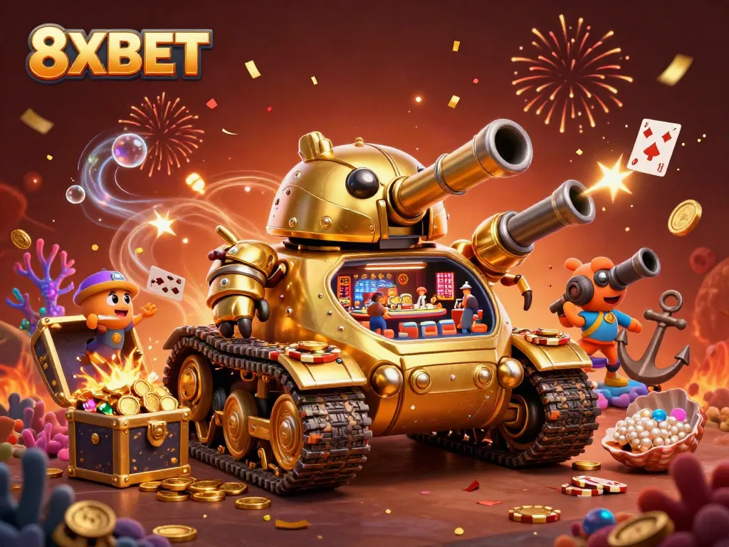 Experience a dynamic 3D scene of excitement with 8XBET’s vibrant casino themed depiction.