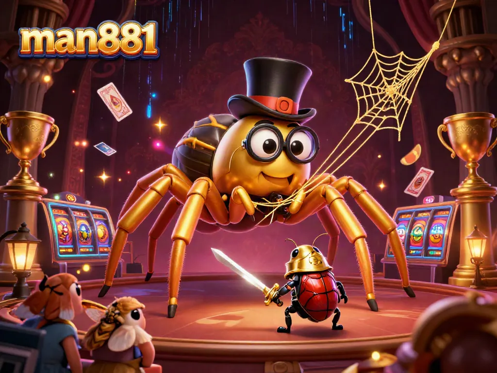 man881 offers thrilling casino adventures with an energetic scene featuring a giant tarantula!