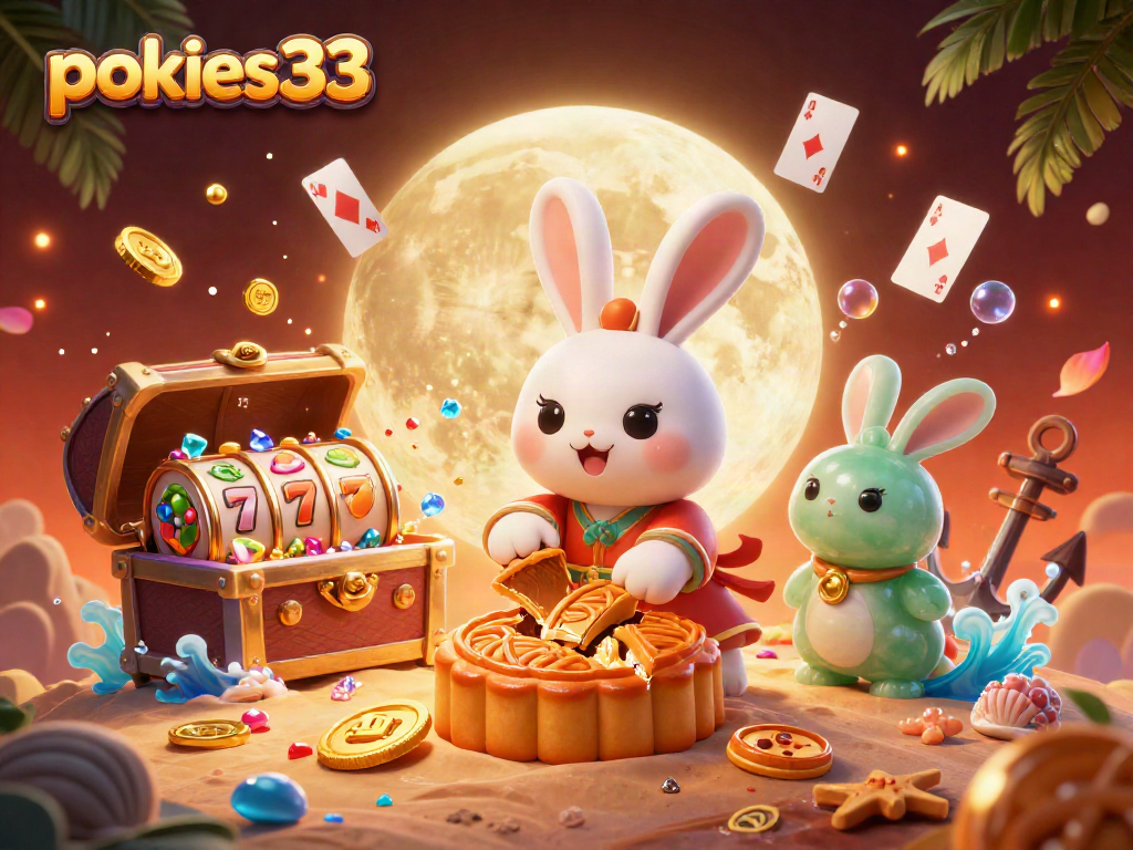 Play pokies33 with vibrant 3D illustration of a moon rabbit celebrating with poker chips.