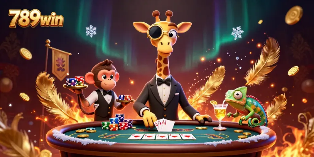 Engage with thrilling poker action at 789win featuring a giraffe dealer and vibrant casino atmosphere.
