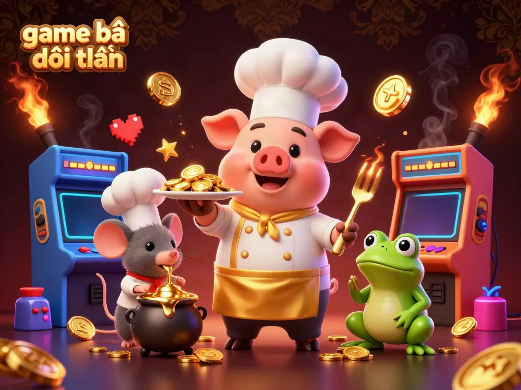 Engage in game bài đổi thưởng with a vibrant 3D dynamic scene featuring pig chef, mouse sous-chef, and frog critic.
