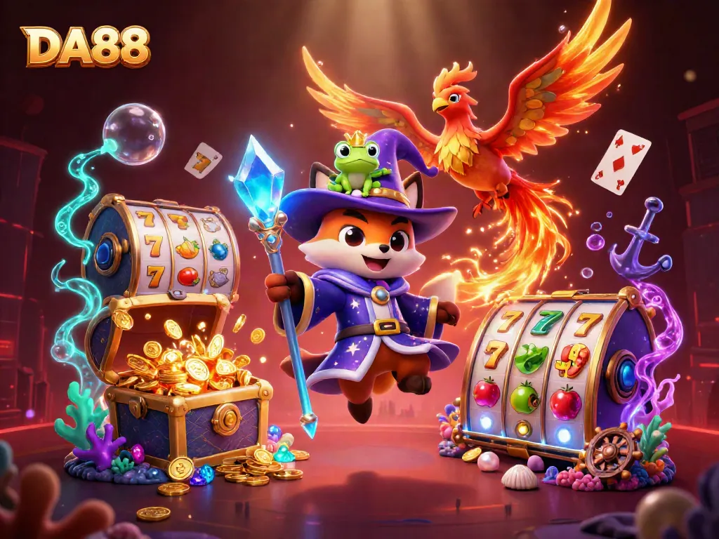 Engage in exciting slots action with DA88, featuring vibrant characters in a dynamic casino scene.